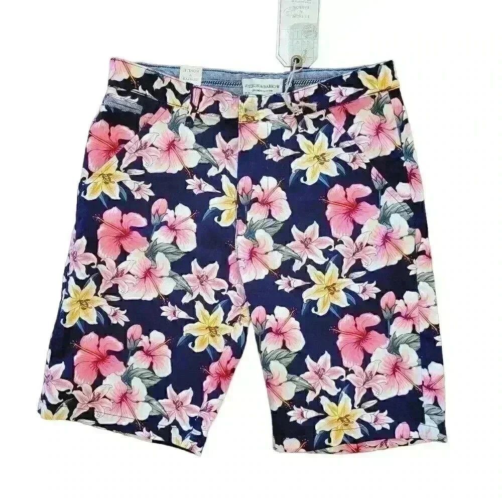Hudson & Barrow Men's Navy/Pink Lilly Floral Flat Front Shorts NEW